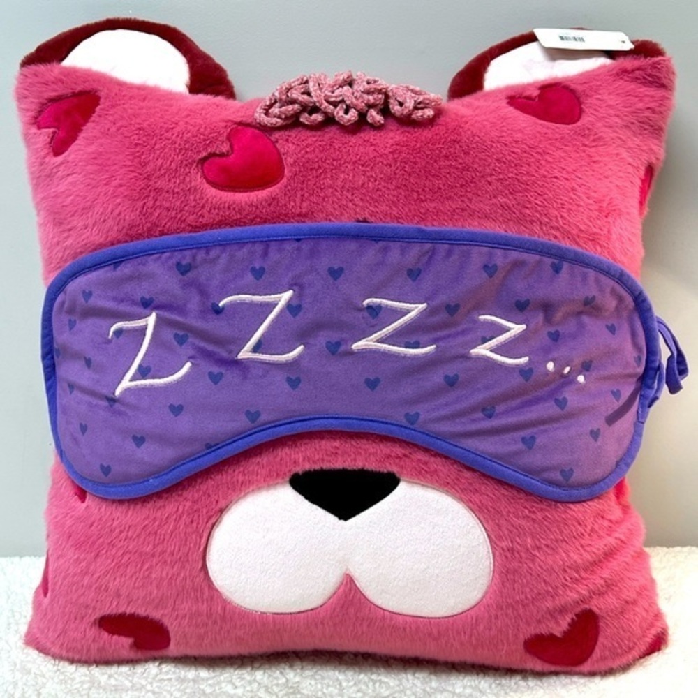 ZZZ...Plush Pink Bear Pillow with Purple Sleep Mask